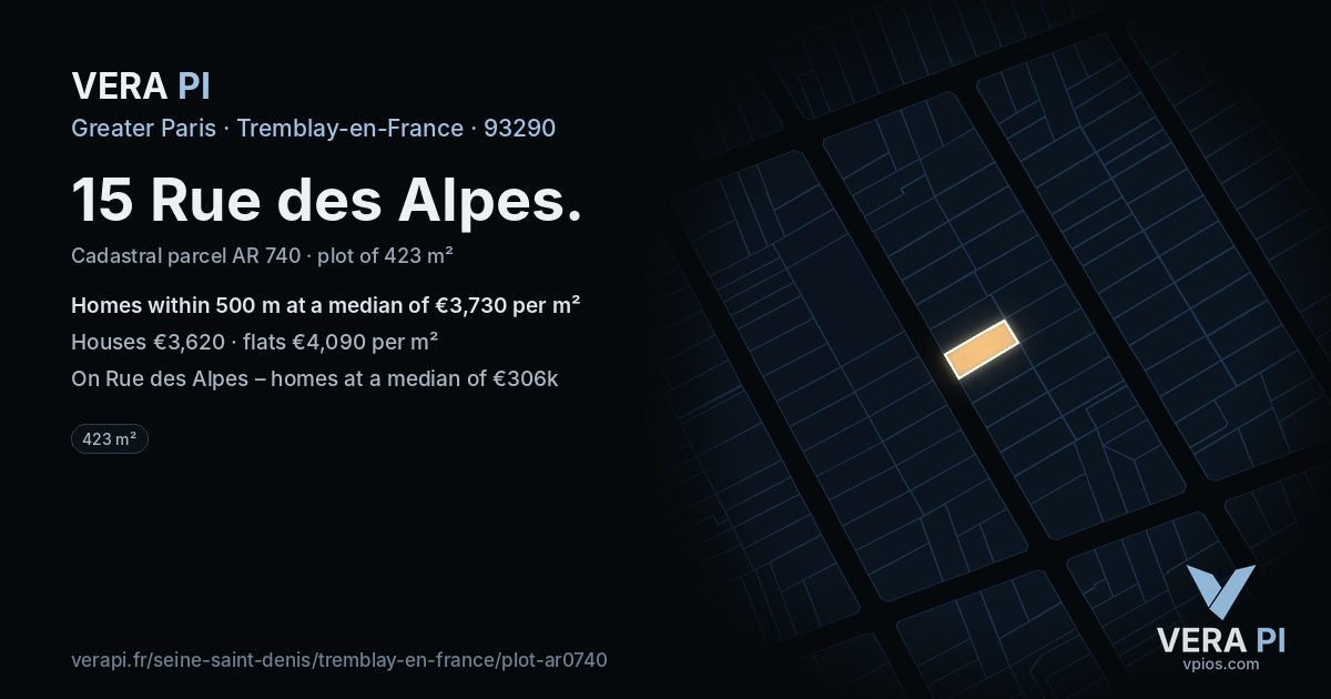 15 Rue des Alpes, Tremblay-en-France at night – the plot lit, the parcels around coloured by the prices near them