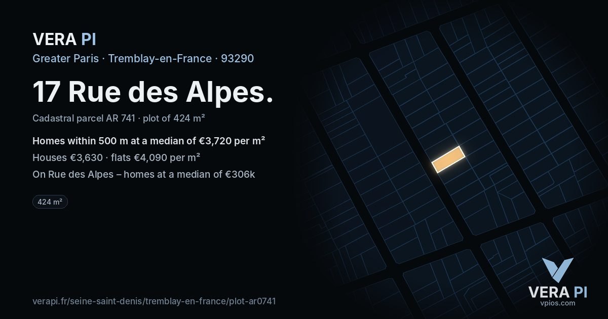17 Rue des Alpes, Tremblay-en-France at night – the plot lit, the parcels around coloured by the prices near them