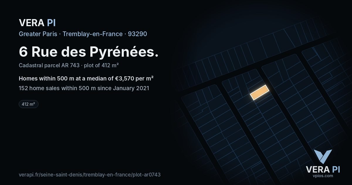 6 Rue des Pyrénées, Tremblay-en-France at night – the plot lit, the parcels around coloured by the prices near them