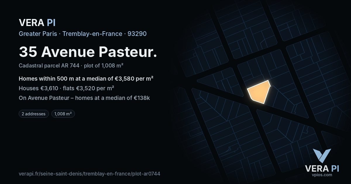 35 Avenue Pasteur, Tremblay-en-France at night – the plot lit, the parcels around coloured by the prices near them