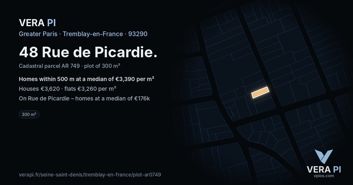 48 Rue de Picardie, Tremblay-en-France at night – the plot lit, the parcels around coloured by the prices near them