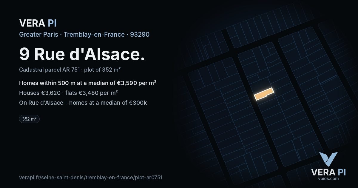 9 Rue d'Alsace, Tremblay-en-France at night – the plot lit, the parcels around coloured by the prices near them