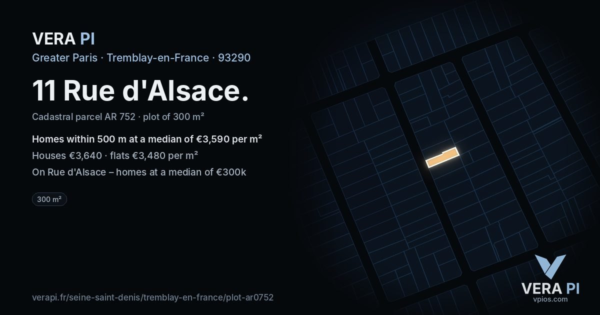 11 Rue d'Alsace, Tremblay-en-France at night – the plot lit, the parcels around coloured by the prices near them