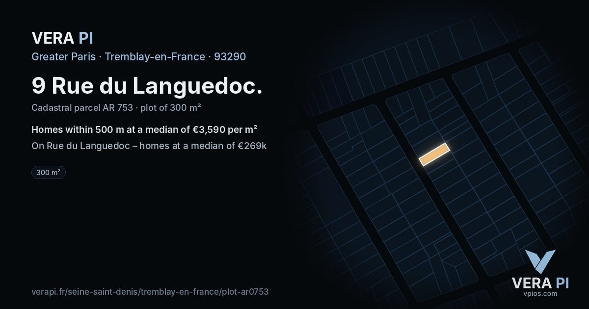 9 Rue du Languedoc, Tremblay-en-France at night – the plot lit, the parcels around coloured by the prices near them