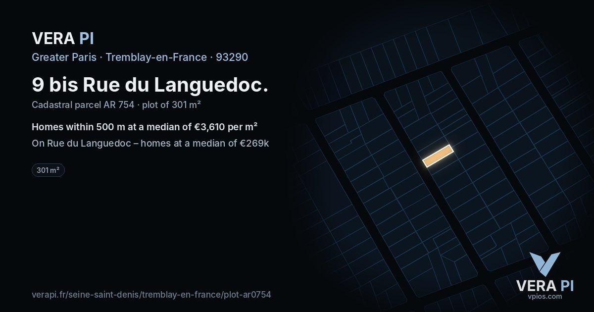 9 bis Rue du Languedoc, Tremblay-en-France at night – the plot lit, the parcels around coloured by the prices near them