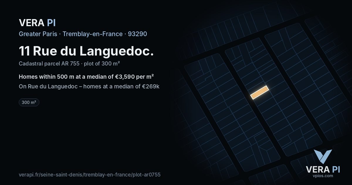 11 Rue du Languedoc, Tremblay-en-France at night – the plot lit, the parcels around coloured by the prices near them