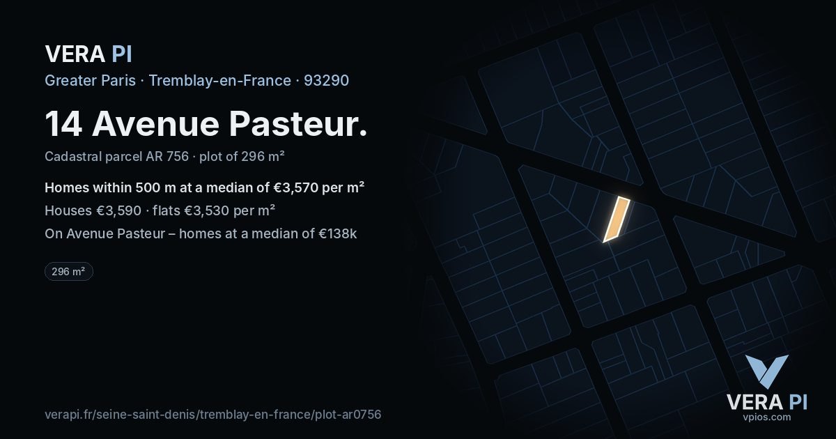14 Avenue Pasteur, Tremblay-en-France at night – the plot lit, the parcels around coloured by the prices near them