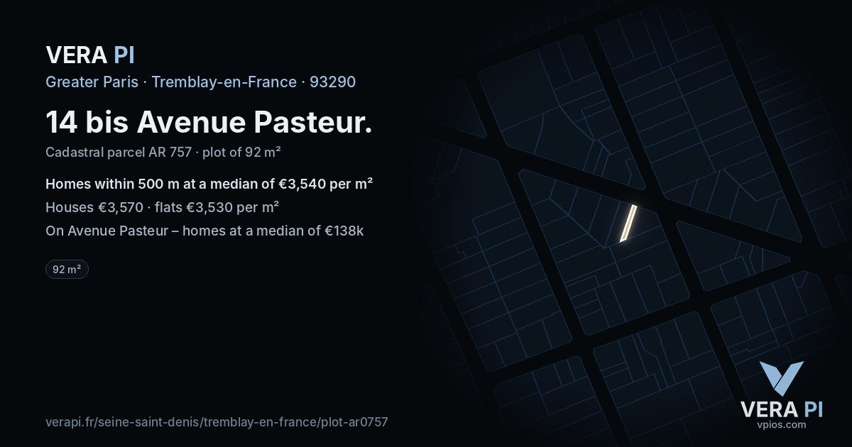 14 bis Avenue Pasteur, Tremblay-en-France at night – the plot lit, the parcels around coloured by the prices near them