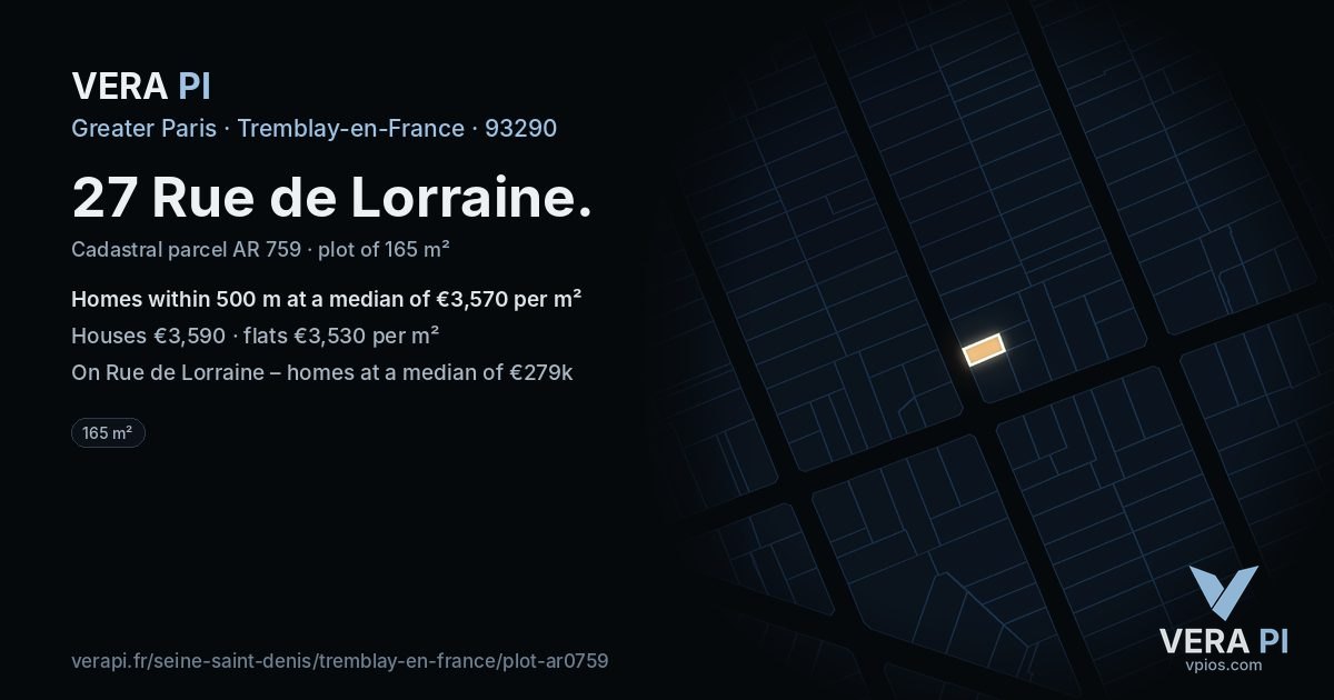 27 Rue de Lorraine, Tremblay-en-France at night – the plot lit, the parcels around coloured by the prices near them