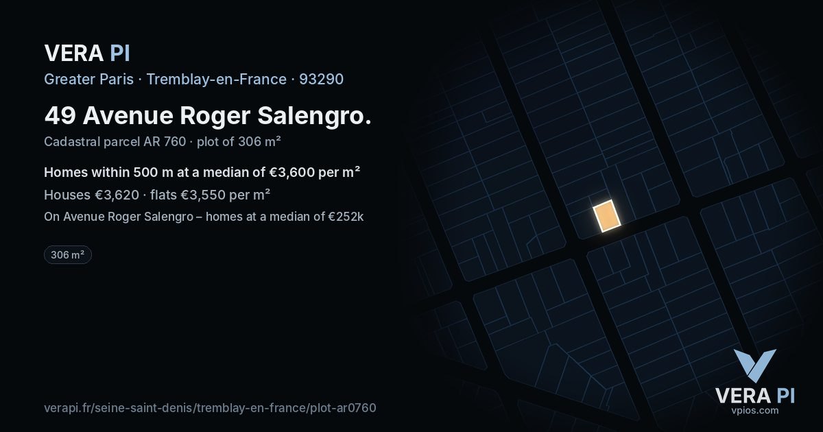 49 Avenue Roger Salengro, Tremblay-en-France at night – the plot lit, the parcels around coloured by the prices near them