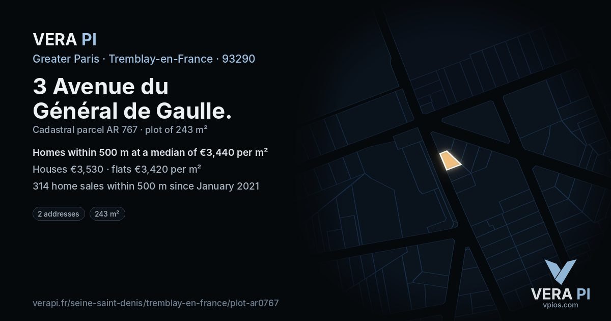 3 Avenue du Général de Gaulle, Tremblay-en-France at night – the plot lit, the parcels around coloured by the prices near them