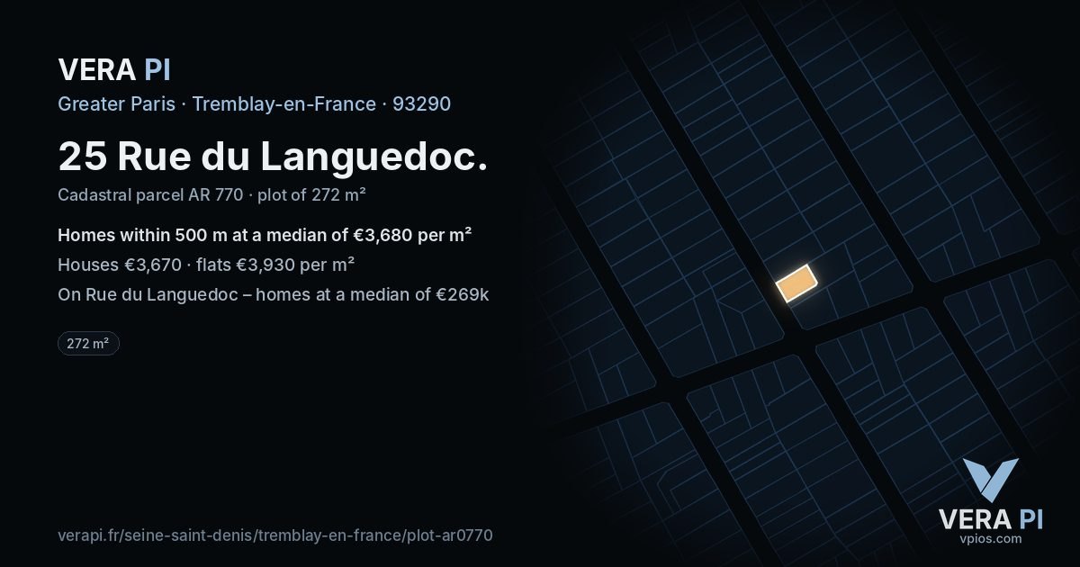 25 Rue du Languedoc, Tremblay-en-France at night – the plot lit, the parcels around coloured by the prices near them