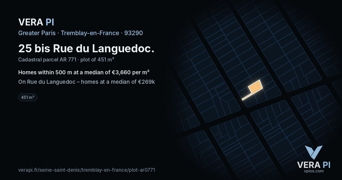 25 bis Rue du Languedoc, Tremblay-en-France at night – the plot lit, the parcels around coloured by the prices near them