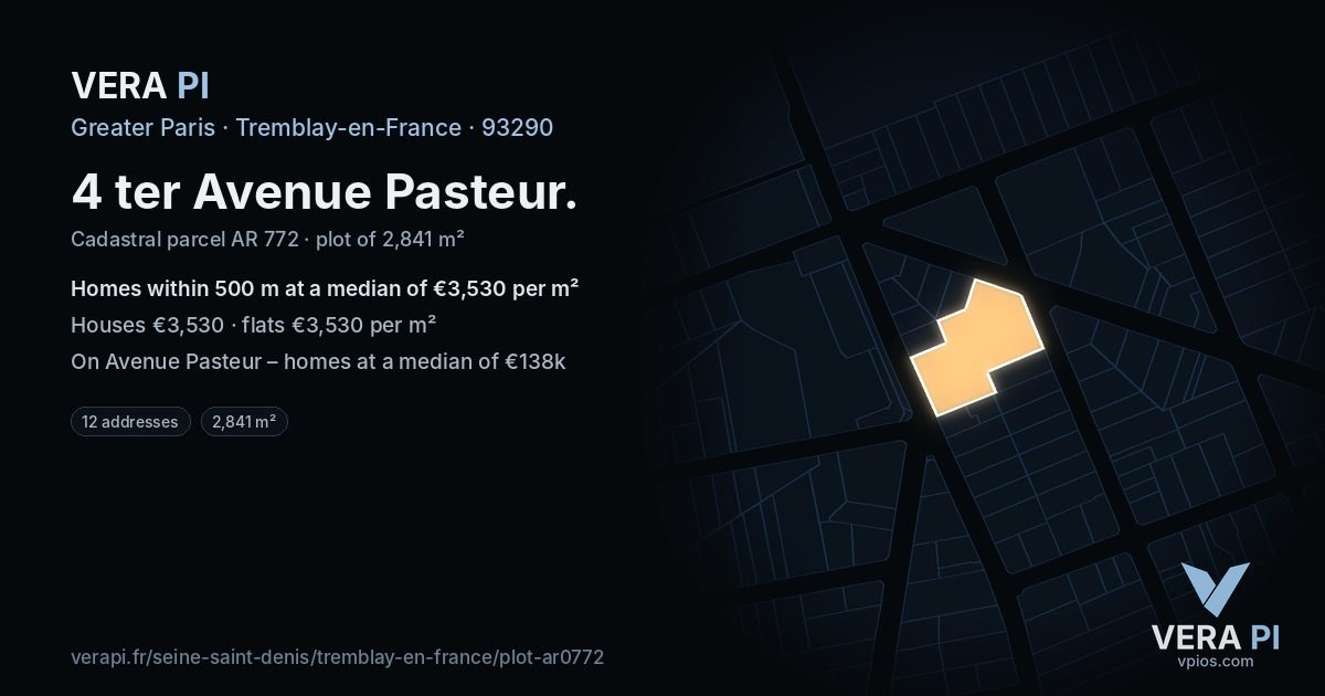 4 ter Avenue Pasteur, Tremblay-en-France at night – the plot lit, the parcels around coloured by the prices near them