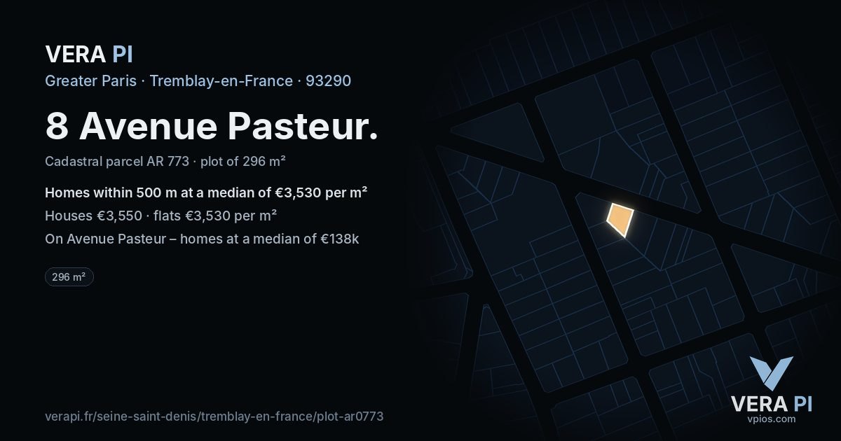 8 Avenue Pasteur, Tremblay-en-France at night – the plot lit, the parcels around coloured by the prices near them