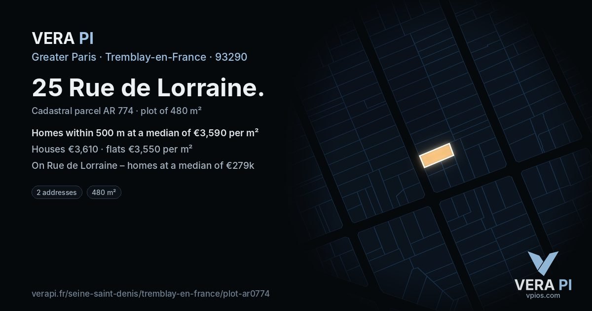 25 Rue de Lorraine, Tremblay-en-France at night – the plot lit, the parcels around coloured by the prices near them