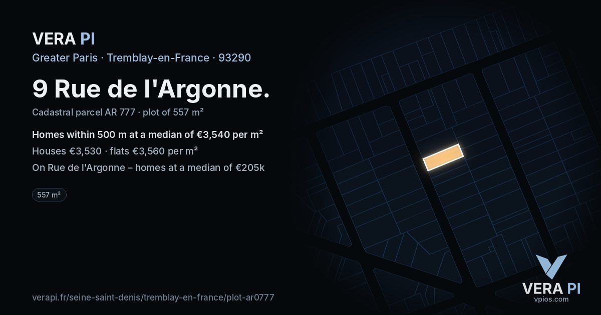 9 Rue de l'Argonne, Tremblay-en-France at night – the plot lit, the parcels around coloured by the prices near them