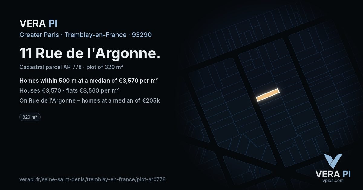 11 Rue de l'Argonne, Tremblay-en-France at night – the plot lit, the parcels around coloured by the prices near them