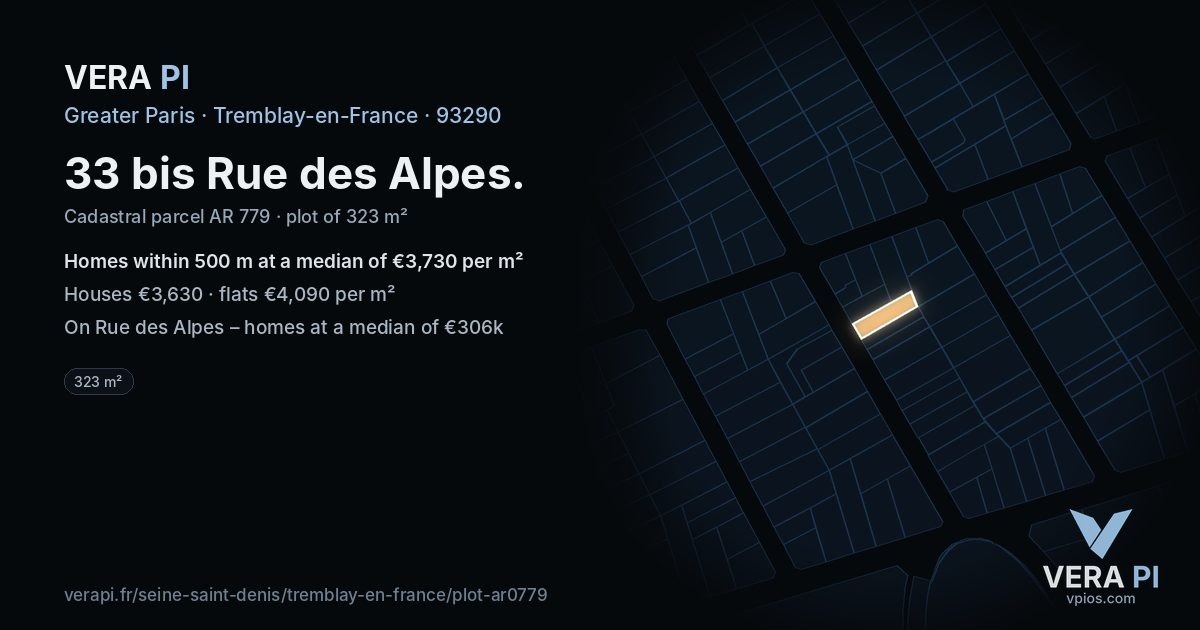 33 bis Rue des Alpes, Tremblay-en-France at night – the plot lit, the parcels around coloured by the prices near them