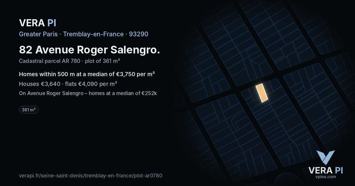 82 Avenue Roger Salengro, Tremblay-en-France at night – the plot lit, the parcels around coloured by the prices near them