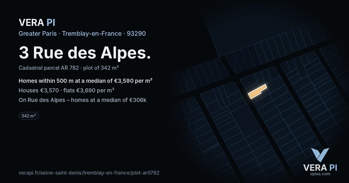 3 Rue des Alpes, Tremblay-en-France at night – the plot lit, the parcels around coloured by the prices near them