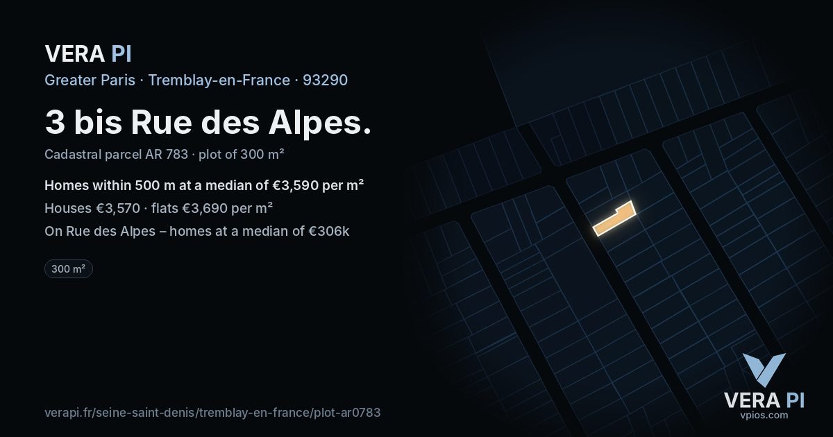 3 bis Rue des Alpes, Tremblay-en-France at night – the plot lit, the parcels around coloured by the prices near them