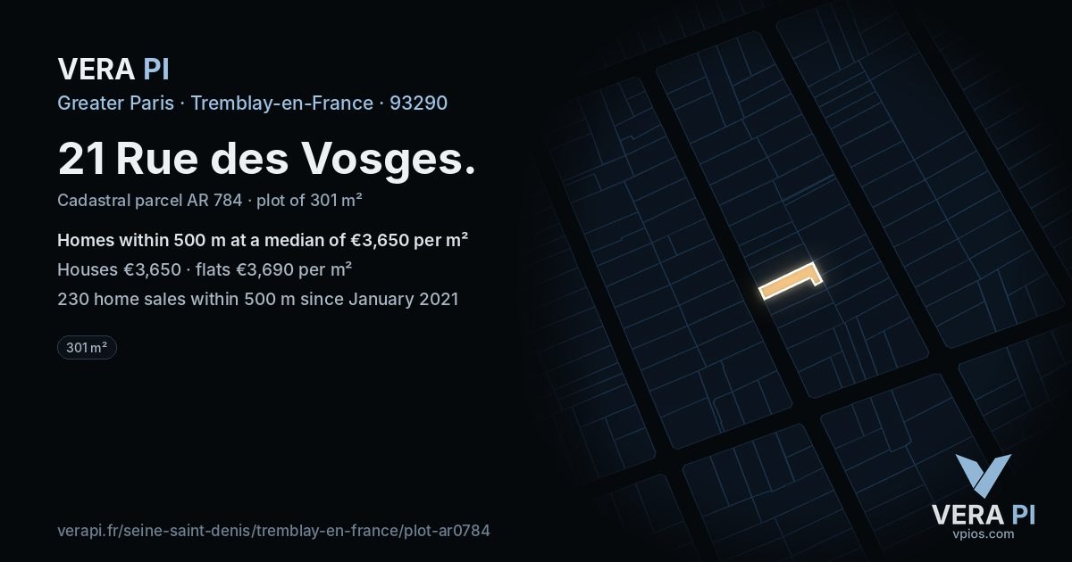 21 Rue des Vosges, Tremblay-en-France at night – the plot lit, the parcels around coloured by the prices near them