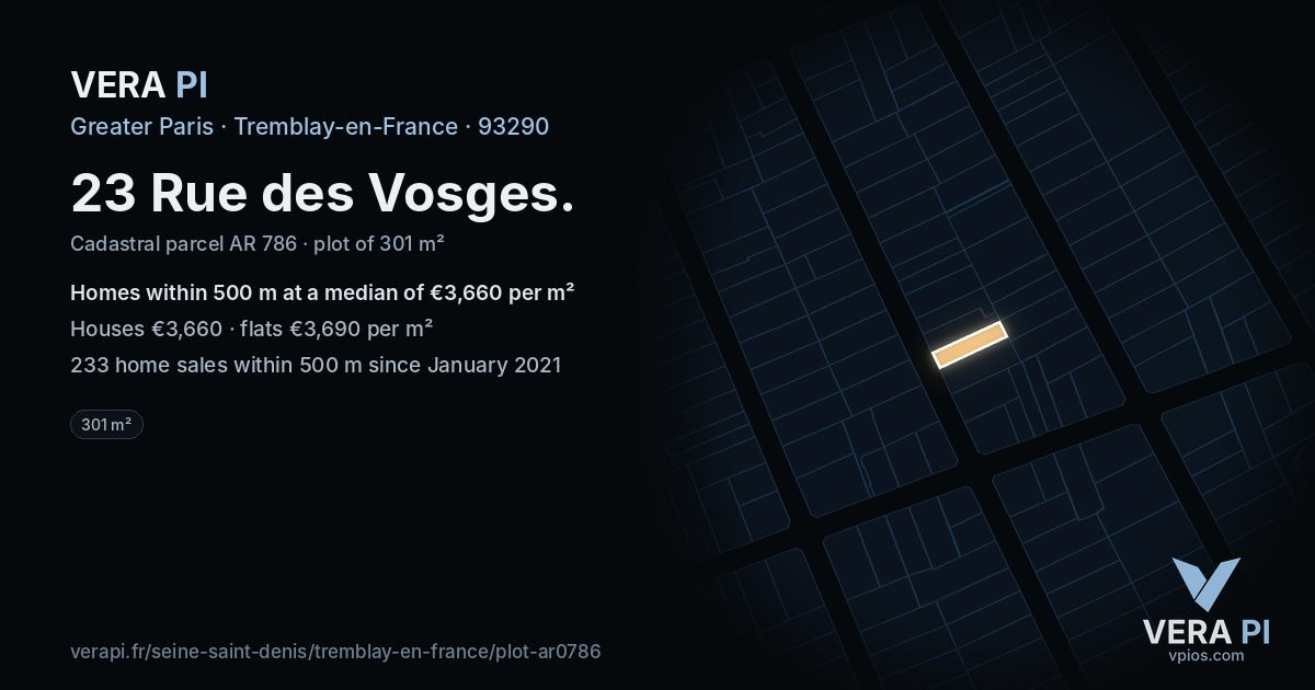 23 Rue des Vosges, Tremblay-en-France at night – the plot lit, the parcels around coloured by the prices near them