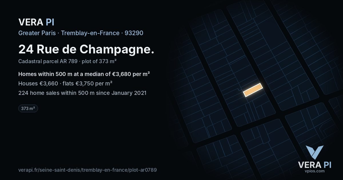 24 Rue de Champagne, Tremblay-en-France at night – the plot lit, the parcels around coloured by the prices near them