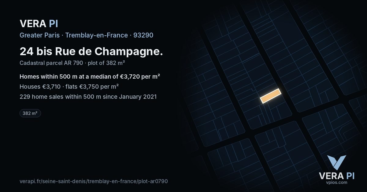 24 bis Rue de Champagne, Tremblay-en-France at night – the plot lit, the parcels around coloured by the prices near them