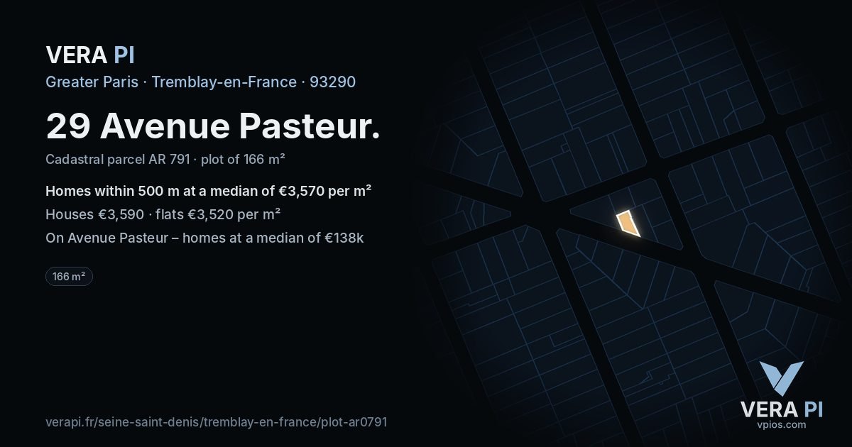 29 Avenue Pasteur, Tremblay-en-France at night – the plot lit, the parcels around coloured by the prices near them