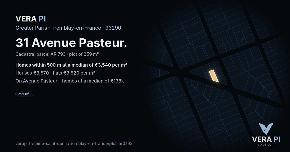 31 Avenue Pasteur, Tremblay-en-France at night – the plot lit, the parcels around coloured by the prices near them