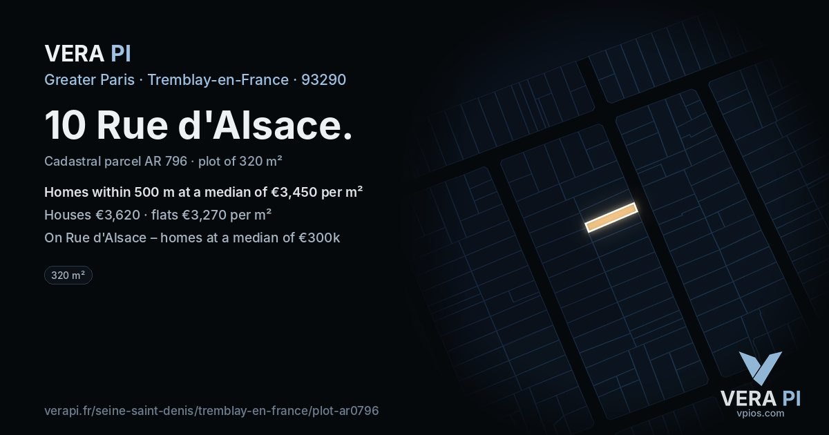 10 Rue d'Alsace, Tremblay-en-France at night – the plot lit, the parcels around coloured by the prices near them