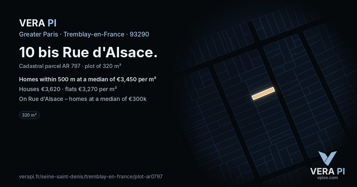 10 bis Rue d'Alsace, Tremblay-en-France at night – the plot lit, the parcels around coloured by the prices near them