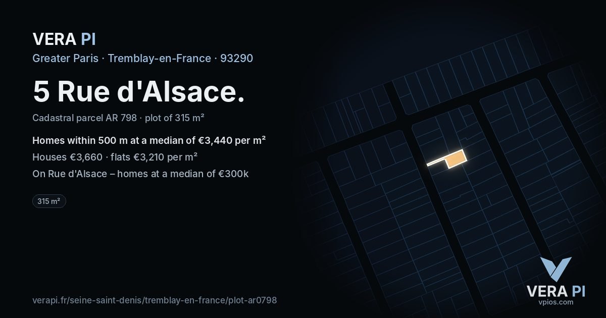 5 Rue d'Alsace, Tremblay-en-France at night – the plot lit, the parcels around coloured by the prices near them