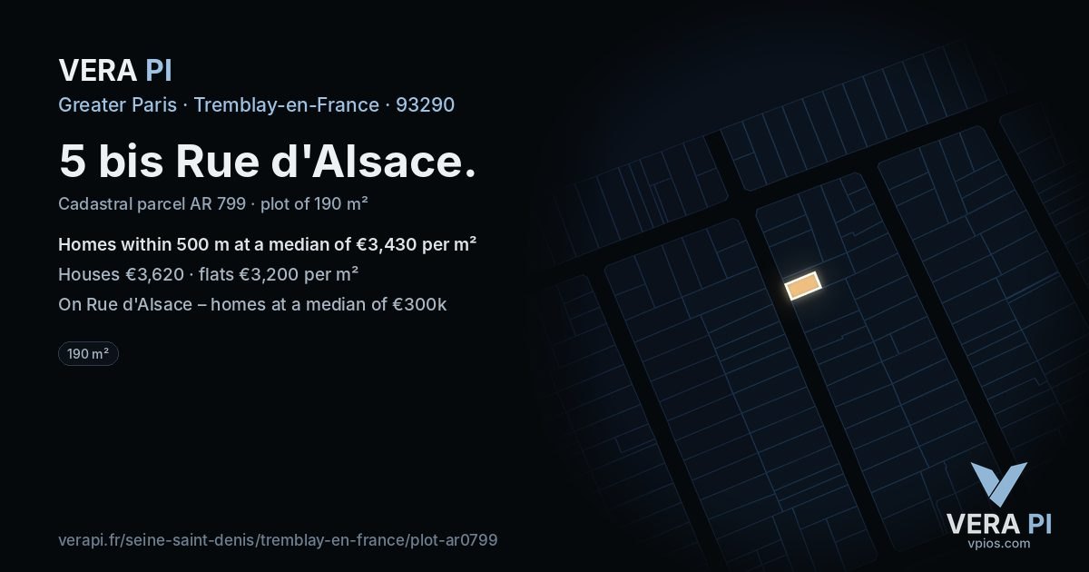 5 bis Rue d'Alsace, Tremblay-en-France at night – the plot lit, the parcels around coloured by the prices near them