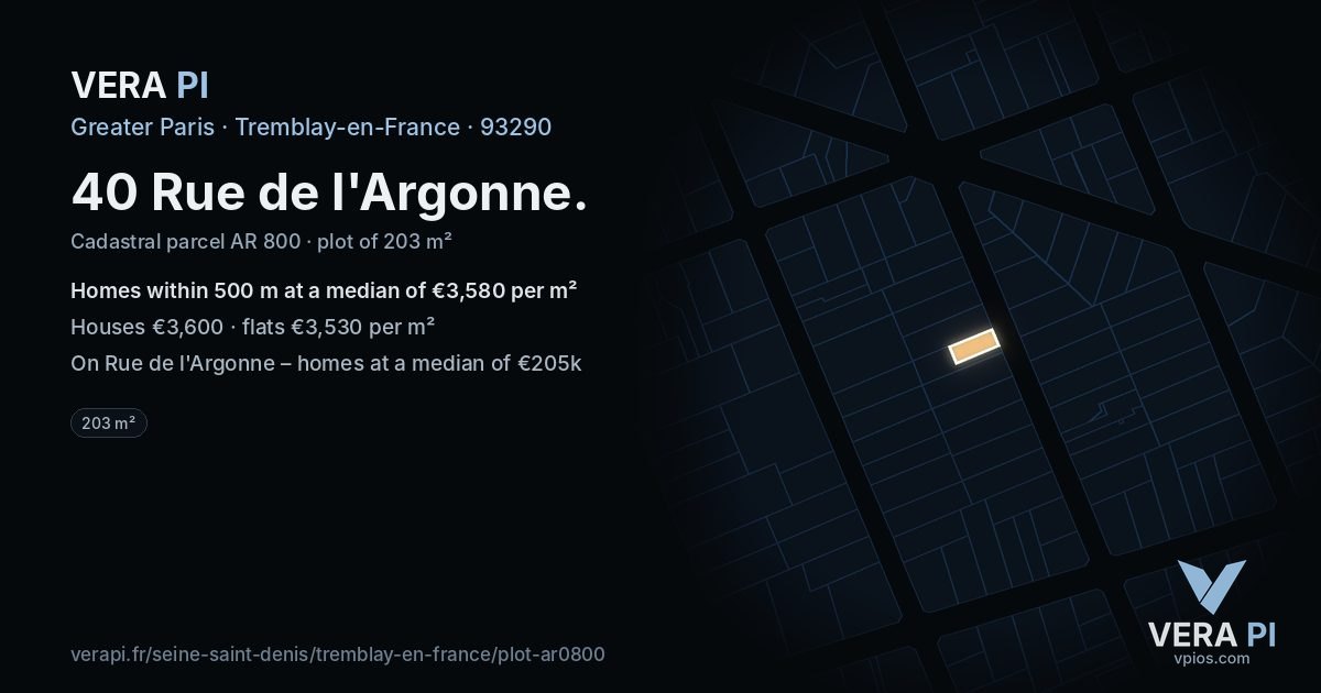 40 Rue de l'Argonne, Tremblay-en-France at night – the plot lit, the parcels around coloured by the prices near them