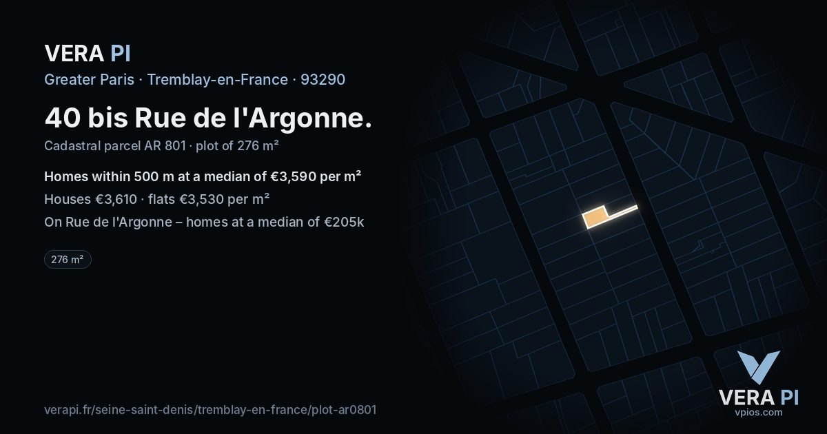 40 bis Rue de l'Argonne, Tremblay-en-France at night – the plot lit, the parcels around coloured by the prices near them