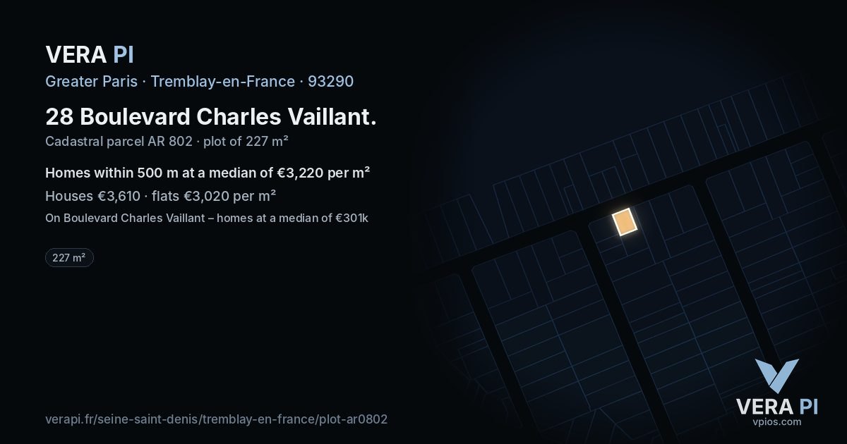 28 Boulevard Charles Vaillant, Tremblay-en-France at night – the plot lit, the parcels around coloured by the prices near them