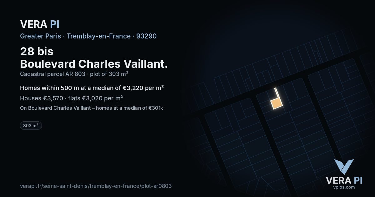 28 bis Boulevard Charles Vaillant, Tremblay-en-France at night – the plot lit, the parcels around coloured by the prices near them