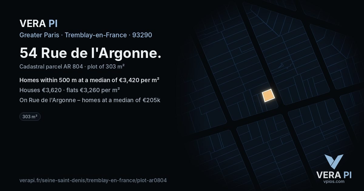 54 Rue de l'Argonne, Tremblay-en-France at night – the plot lit, the parcels around coloured by the prices near them