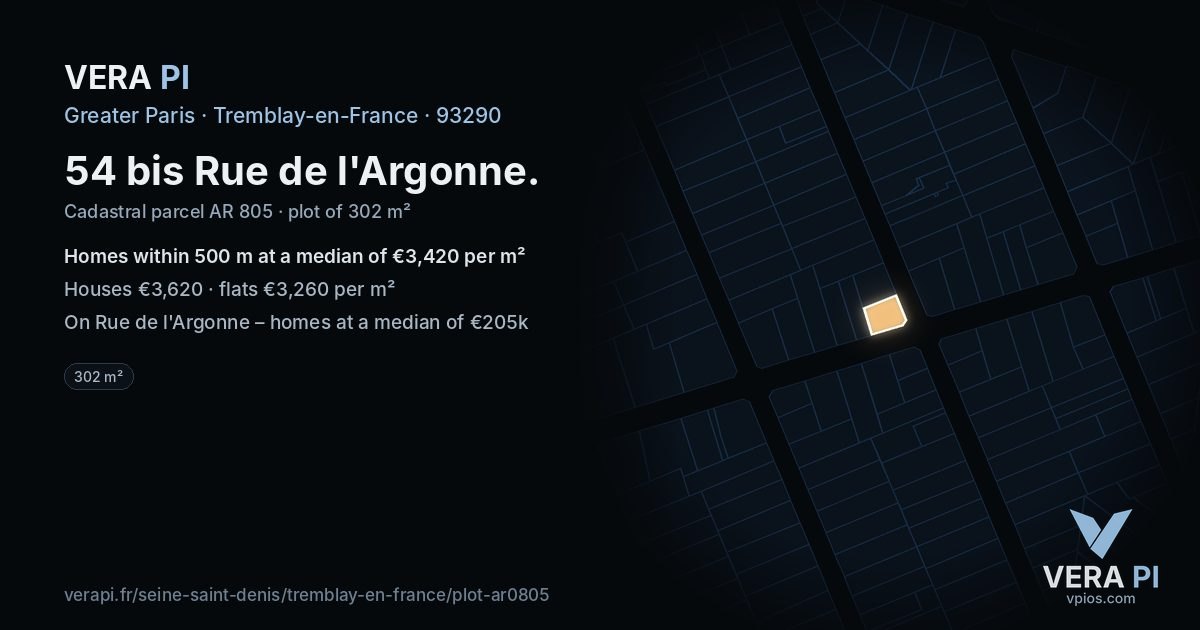 54 bis Rue de l'Argonne, Tremblay-en-France at night – the plot lit, the parcels around coloured by the prices near them