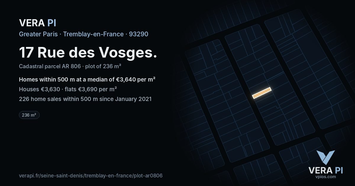 17 Rue des Vosges, Tremblay-en-France at night – the plot lit, the parcels around coloured by the prices near them