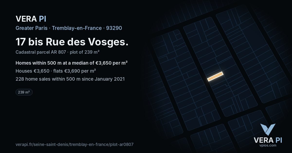 17 bis Rue des Vosges, Tremblay-en-France at night – the plot lit, the parcels around coloured by the prices near them