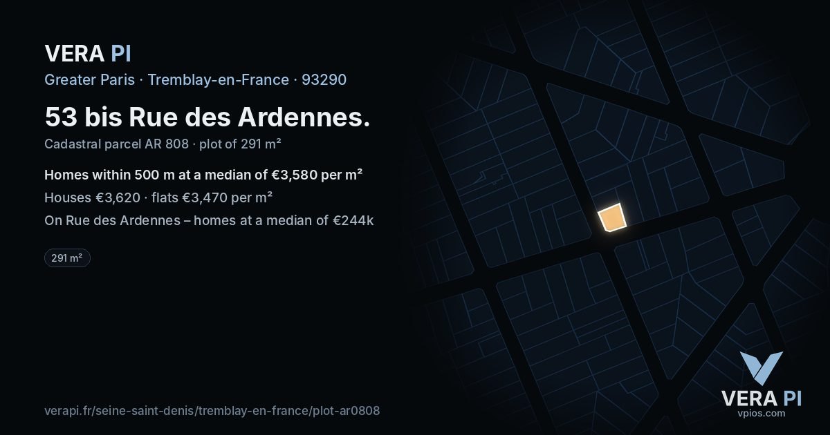 53 bis Rue des Ardennes, Tremblay-en-France at night – the plot lit, the parcels around coloured by the prices near them