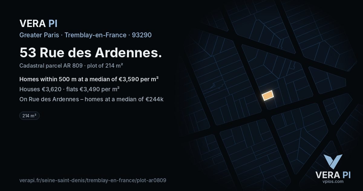 53 Rue des Ardennes, Tremblay-en-France at night – the plot lit, the parcels around coloured by the prices near them