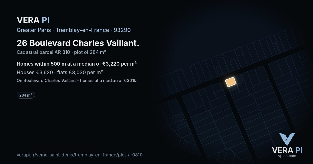 26 Boulevard Charles Vaillant, Tremblay-en-France at night – the plot lit, the parcels around coloured by the prices near them