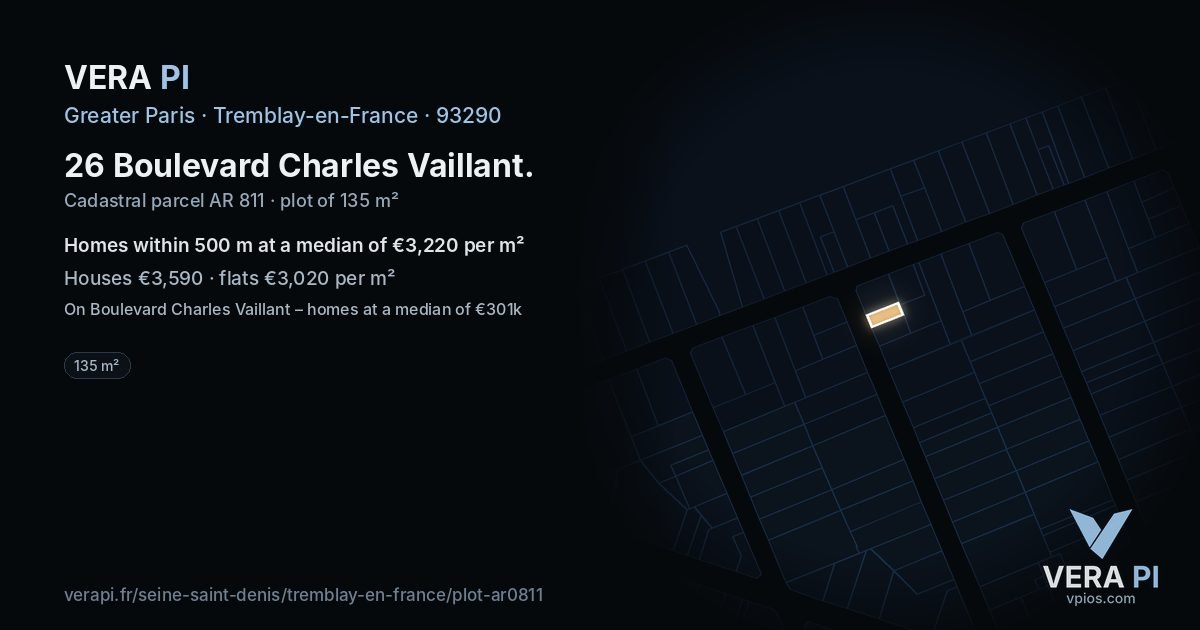 26 Boulevard Charles Vaillant, Tremblay-en-France at night – the plot lit, the parcels around coloured by the prices near them