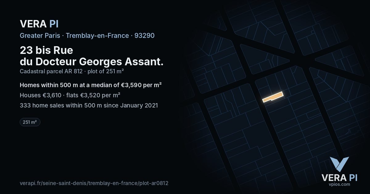 23 bis Rue du Docteur Georges Assant, Tremblay-en-France at night – the plot lit, the parcels around coloured by the prices near them
