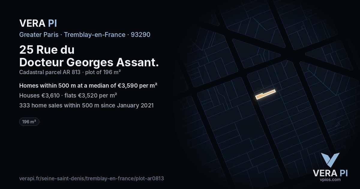 25 Rue du Docteur Georges Assant, Tremblay-en-France at night – the plot lit, the parcels around coloured by the prices near them